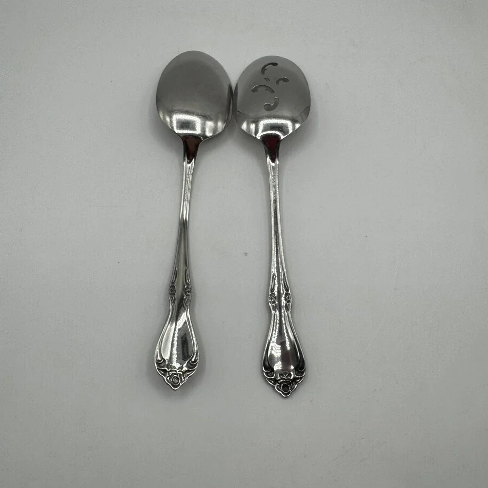 Oneida Serving Spoons Set 8.25 Stainless Arbor Rose Floral Pierced Solid 2pc